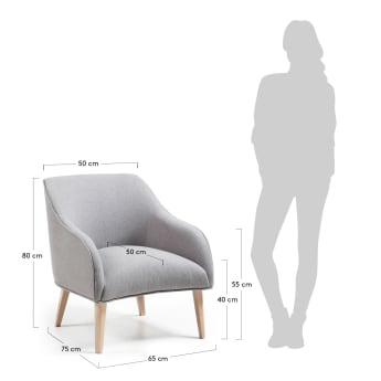 Bobly armchair in grey with wooden legs with natural finish - sizes