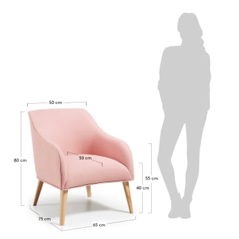 Πολυθρόνα Bobly, ροζ και ξύλινα πόδια σε φυσικό φινίρισμα - μεγέθη