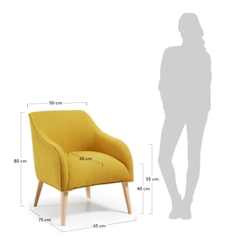 Bobly armchair in mustard with wooden legs with natural finish - sizes