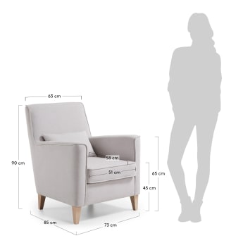 Glam beige armchair with solid beech wood legs. - sizes