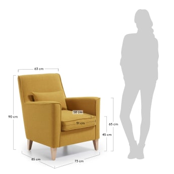Glam mustard armchair with solid beech wood legs. - sizes