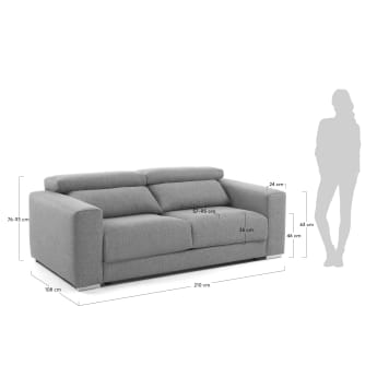 Atlanta 3 seater sofa in light grey, 210 cm - sizes