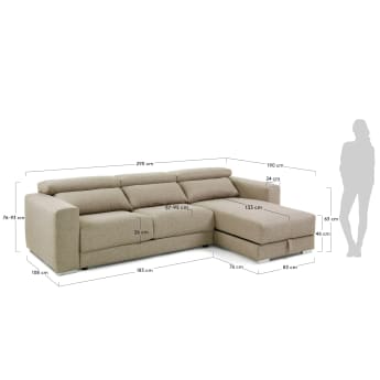Atlanta 3 seater sofa with chaise longue in beige, 290 cm - sizes