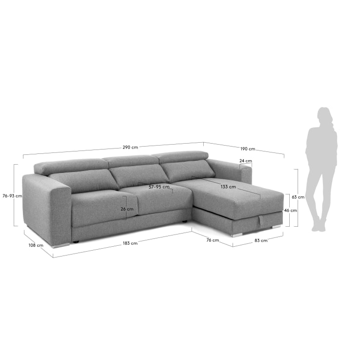 Atlanta 3 seater sofa with chaise longue in light grey 290 cm | Kave Home