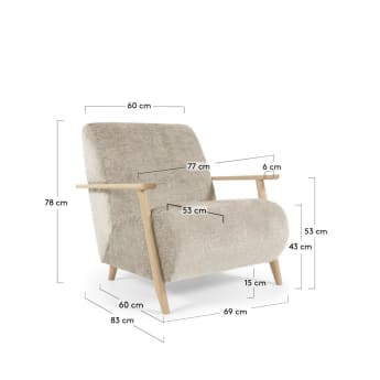 Meghan armchair in beige chenille and wood with natural finish - sizes
