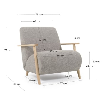 Meghan armchair in light grey fleece with solid ash legs with natural finish - sizes