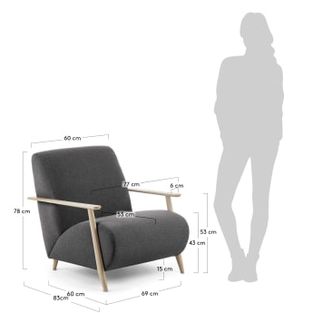 Meghan armchair in black with solid ash wood legs in a natural finish - sizes