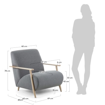 Meghan armchair in grey with solid ash legs with natural finish - sizes