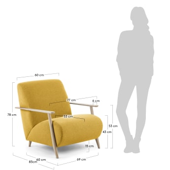 Fauteuil Meghan moutarde et pieds en bois massif frêne finition naturelle - dimensions
