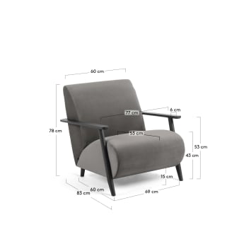 Meghan armchair in grey velvet with solid ash legs with wenge finish - sizes