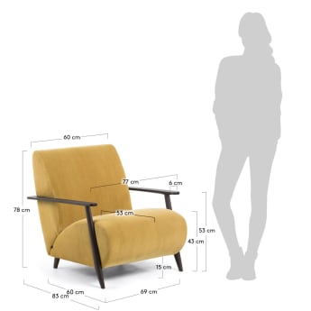 Meghan armchair in mustard corduroy with solid ash legs with wenge finish - sizes