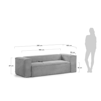 Blok 3 seater sofa in grey corduroy, 210 cm - sizes