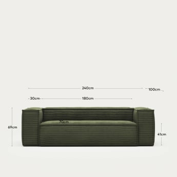 Blok 3θέσιος καναπές σε πράσινο κοτλέ με φαρδιά ραφή, 240εκ - μεγέθη