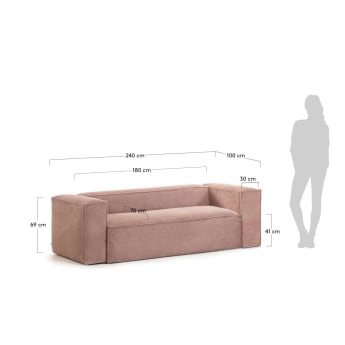 Blok 3 seater sofa in pink corduroy, 210 cm - sizes