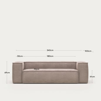 Blok 3 seater sofa in pink wide-seam corduroy, 240 cm - sizes