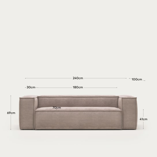 Blok 3 seater sofa in pink wide seam corduroy, 240 cm - sizes