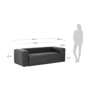 Blok 2 seater sofa in grey, 210 cm - sizes