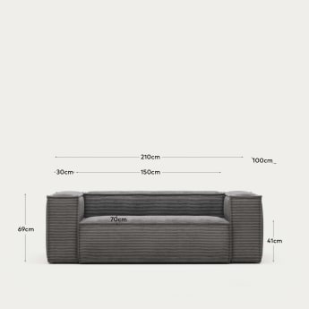 Blok 2 seater sofa in grey wide-seam corduroy, 210 cm - sizes