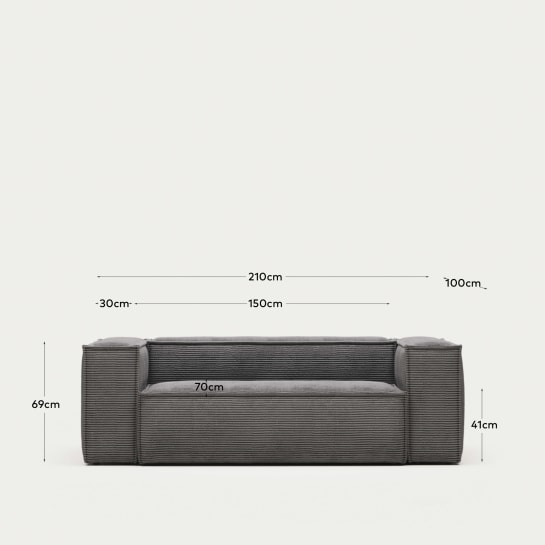 Blok 2 seater sofa in grey wide seam corduroy, 210 cm - sizes