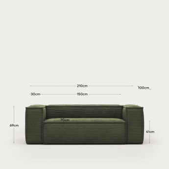 Canapé Blok 2 places velours à grosses côtes vert 210 cm - dimensions