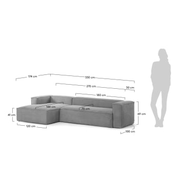 Blok 4 seater sofa with left-hand chaise longue in grey corduroy, 330 cm - sizes
