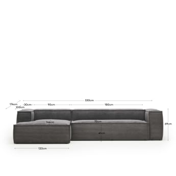 Blok 4 seater sofa with left side chaise longue in grey wide-seam corduroy, 330 cm - sizes