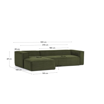 Blok 4 seater sofa with left side chaise longue in green wide-seam corduroy, 330 cm - sizes