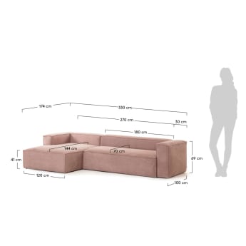 Blok 4 seater sofa with left-hand chaise longue in pink corduroy, 330 cm - sizes