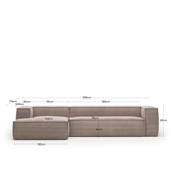 Blok 4 seater sofa with left side chaise longue in pink wide seam corduroy, 330 cm - sizes
