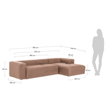 Blok 4-θέσιος καναπές με ανάκλινδρο δεξιά σε ροζ 330 εκ - μεγέθη