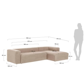 4θ καναπές με ανάκλινδρο δεξιά Blok 330 εκ, μπεζ - μεγέθη