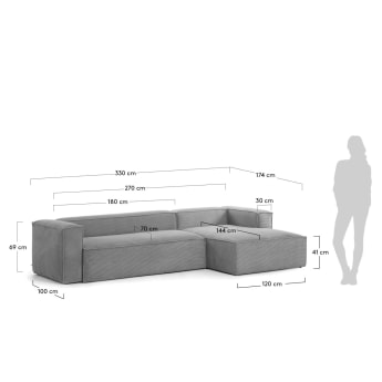 Divano Blok 4 posti con chaise longue destra in velluto a coste grigio 330 cm - dimensioni
