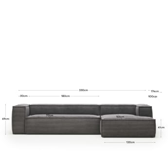 Blok 4θέσιος καναπές με ανάκλινδρο δεξιά σε γκρι κοτλέ με φαρδιά ραφή, 330 εκ - μεγέθη