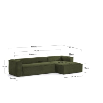 Blok 4 seater sofa with right-hand chaise longue in green corduroy, 330 cm - sizes