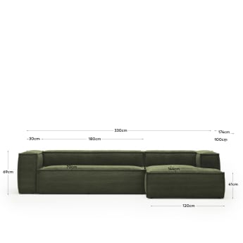 Blok 4θέσιος καναπές με ανάκλινδρο δεξιά σε πράσινο κοτλέ με φαρδιά ραφή, 330 εκ - μεγέθη