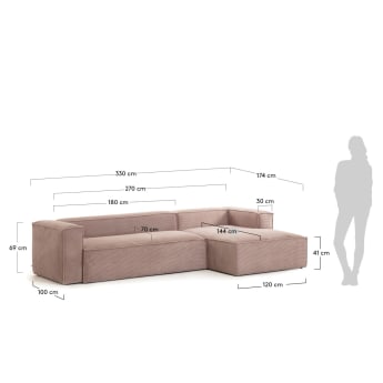 Blok 4 seater sofa with right-hand chaise longue in pink corduroy, 330 cm - sizes
