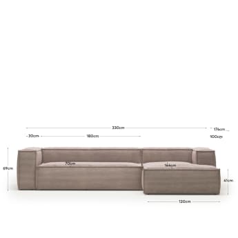 4θ καναπές Blok με ανάκλινδρο δεξιά, χοντρό κοτλέ, ροζ, 330εκ - μεγέθη
