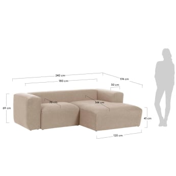 Bloka 2 seater sofa with right-hand chaise longue in beige, 240 cm - sizes
