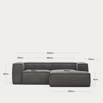 2θ καναπές Blok με ανάκλινδρο δεξιά, χοντρό κοτλέ, γκρι, 240εκ - μεγέθη