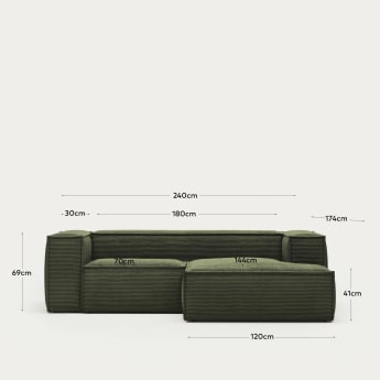 Canapé Blok 2 places méridienne droite velours à grosses côtes vert 240 cm - dimensions