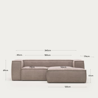 Blok 2θέσιος καναπές με ανάκλινδρο δεξιά σε ροζ κοτλέ με φαρδιά ραφή, 240 εκ - μεγέθη
