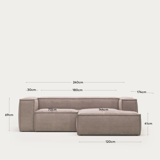 Canapé Blok 2 places méridienne droite en velours à grosses côtes rose 240 cm - dimensions