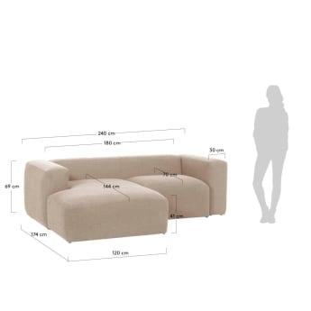 2θ καναπές με ανάκλινδρο αριστερά Blok 240 εκ, μπεζ - μεγέθη