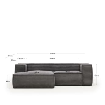 Blok 2θέσιος καναπές με ανάκλινδρο αριστερά σε γκρι κοτλέ με φαρδιά ραφή, 240 εκ - μεγέθη