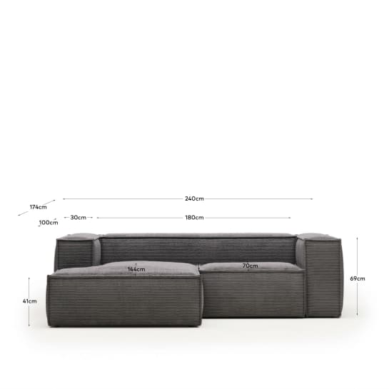 Canapé Blok 2 places méridienne gauche velours à grosses côtes gris 240 cm - dimensions
