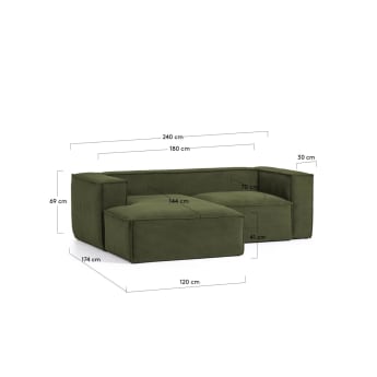Sofá Blok 2 plazas chaise longue izquierdo pana gruesa verde 240 cm - tamaños