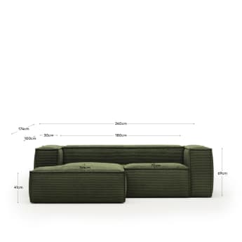 Divano Blok 2 posti chaise longue sinistra in velluto a coste spesse verde 240 cm - dimensioni