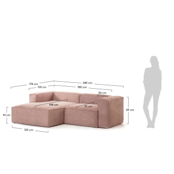 Blok 2 seater sofa with left side chaise longue in pink wide-seam corduroy, 240 cm - sizes