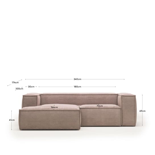 Canapé Blok 2 places méridienne gauche velours à grosses côtes rose 240 cm - dimensions