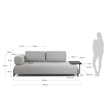 Compo 3 seater sofa with large tray in light grey, 252 cm - sizes